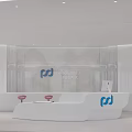Elegant Modern Bank Interior Design With Curved Reception Desk Red Stools And Brand Logo