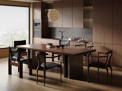 Modern Restaurant Interior With Wooden Dining Table Black Chairs And Pendant Light 3d model