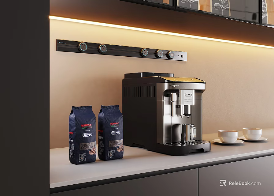 Modern Kitchen Counter With Sleek Coffee Machine Coffee Bags And White Cups 3d model 