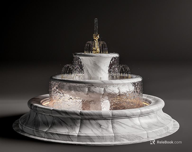 Elegant Three Tiered Marble Fountain With Flowing Water And Illuminated Base 3d model 