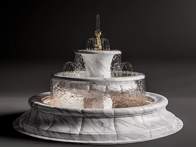 Elegant Three Tiered Marble Fountain With Flowing Water And Illuminated Base 3d model