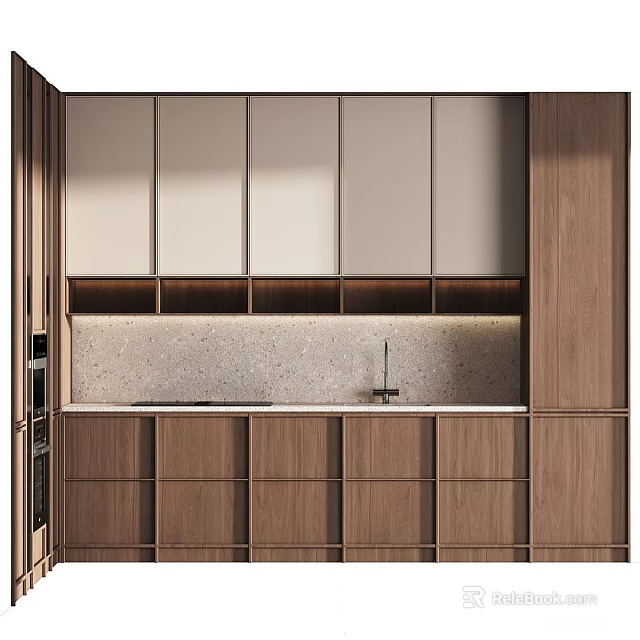 Modern Kitchen Interior Design With Upper Lower Walnut Cabinets And Stone Countertop 3d model 