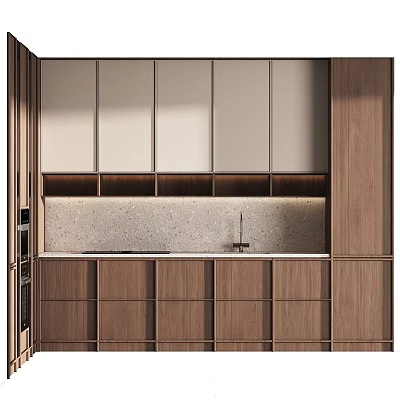 Modern Kitchen Interior Design With Upper Lower Walnut Cabinets And Stone Countertop 3d model