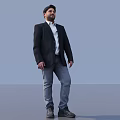 Man In Black Blazer White Shirt Gray Jeans Standing On Gray Floor Light Blue Background