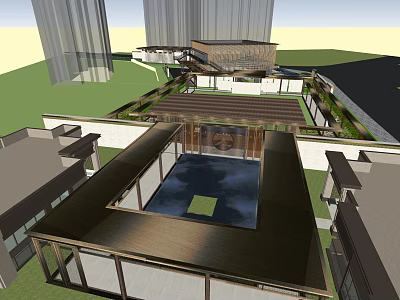 Serene Garden Landscape Design With Central Pool Wooden Structures And Lush Greenery 3d model