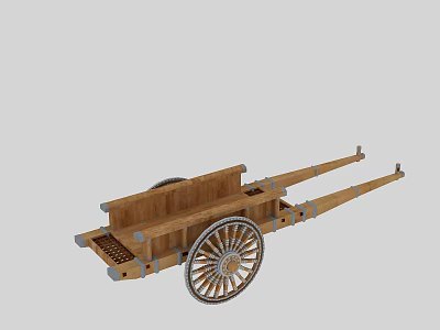 Ancient Wooden Handcart With Spoked Wheels And Cargo Bed Structure 3d model