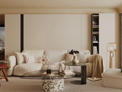 Modern Living Room Interior With Beige Sofa Glass Coffee Table Floor Lamp And Bookshelf 3d model