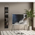 Stylish Modern TV on Stand in Living Room With Plant and Bookshelf
