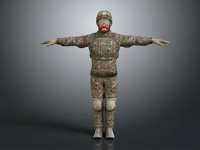 Tactical Human Character In Camouflage Uniform Helmet Goggles With Arms Outstretched 3d model