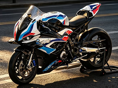 BMW Sport Motorcycle with White Blue Red Sleek Aerodynamic Design on City Street Sunset Light 3d model