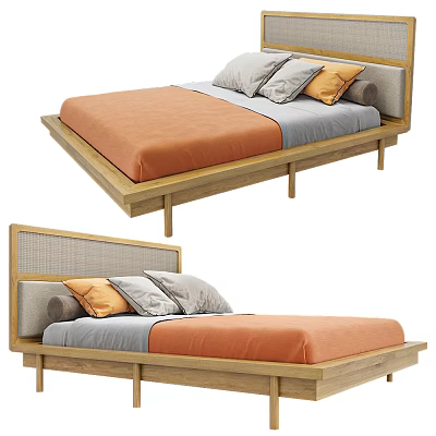 Modern Double Bed With Wooden Frame Rattan Headboard Orange Bedspread And Gray Pillows 3d model