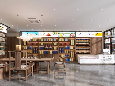 Tobacco and Alcohol Store Interior With Shelves Displaying Liquor Bottles And Wooden Tables 3d model
