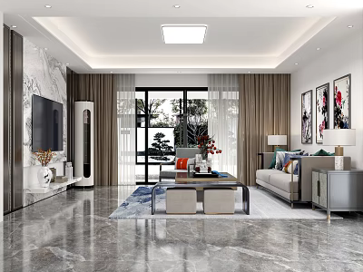 Modern Elegant Bright Living Room With Marble TV Wall Comfortable Sofa And Exquisite Soft Furnishings 3d model