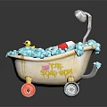Cute Bathtub with Red Wheels Blue Bubbles Yellow Rubber Duck and Colorful Toys
