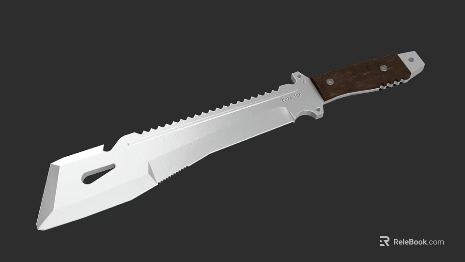 Sharp Serrated Blade Tactical Knife With Wooden Handle And Metal Fittings 3d model 