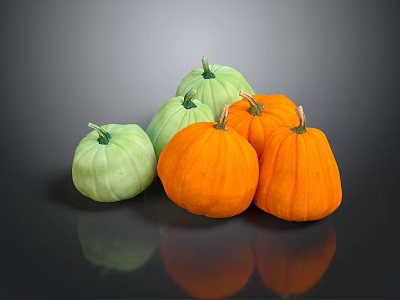 Fresh Green And Orange Pumpkins Grouped Together On Dark Reflective Surface 3d model