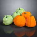 Fresh Green And Orange Pumpkins Grouped Together On Dark Reflective Surface 3d model