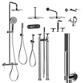 Modern Shower System Featuring Overhead Handheld Shower Head Faucet Control Knob And Hose