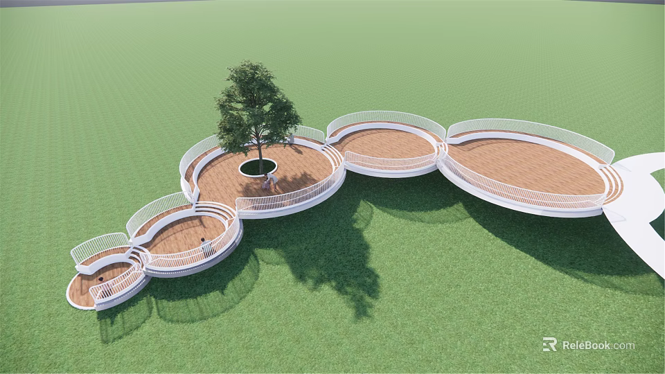 Circular Connected Road Facilities With White Railings And Central Tree On Green Lawn 3d model 