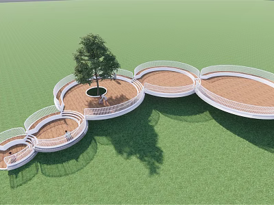 Circular Connected Road Facilities With White Railings And Central Tree On Green Lawn 3d model