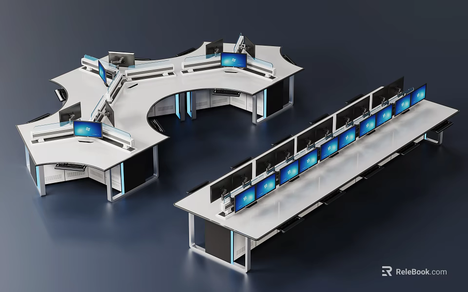 Modern Office Desk With Multiple Monitors Curved Workstations And Ergonomic Setup 3d model 