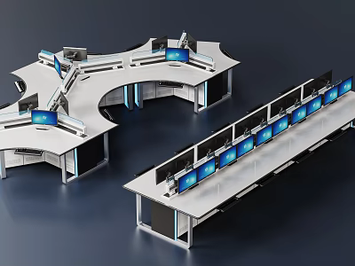 Modern Office Desk With Multiple Monitors Curved Workstations And Ergonomic Setup 3d model