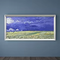 Landscape Painting With Blue Sky White Clouds Green Fields Silver Frame On Light Blue Wall 3d model