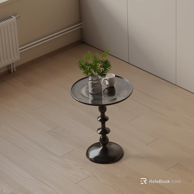 Black Round Side Table with Spiral Base Featuring Clear Vase Green Plant and White Cup 3d model 