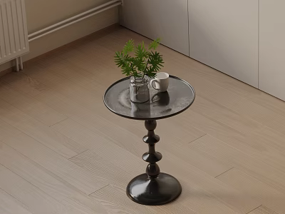 Black Round Side Table with Spiral Base Featuring Clear Vase Green Plant and White Cup 3d model