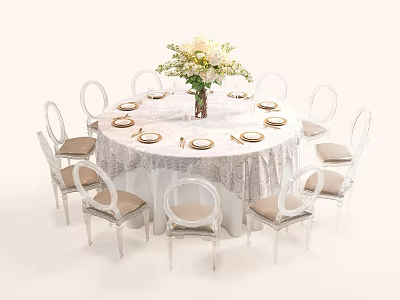 Elegant Round Dining Table Set With White Tablecloth Flower Vase And Cushioned Chairs 3d model