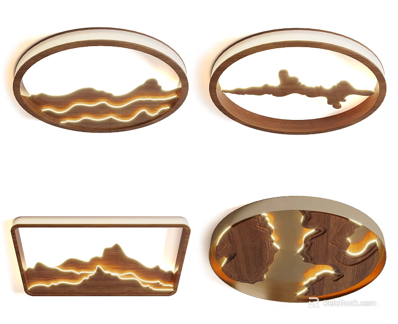 Modern Wooden Ceiling Lights With Wave Mountain Patterns And Warm Lighting Effects 3d model