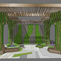 Contemporary Pergola With Wooden Latticed Roof Greenery Covered Columns Living Walls And Purple Flowers