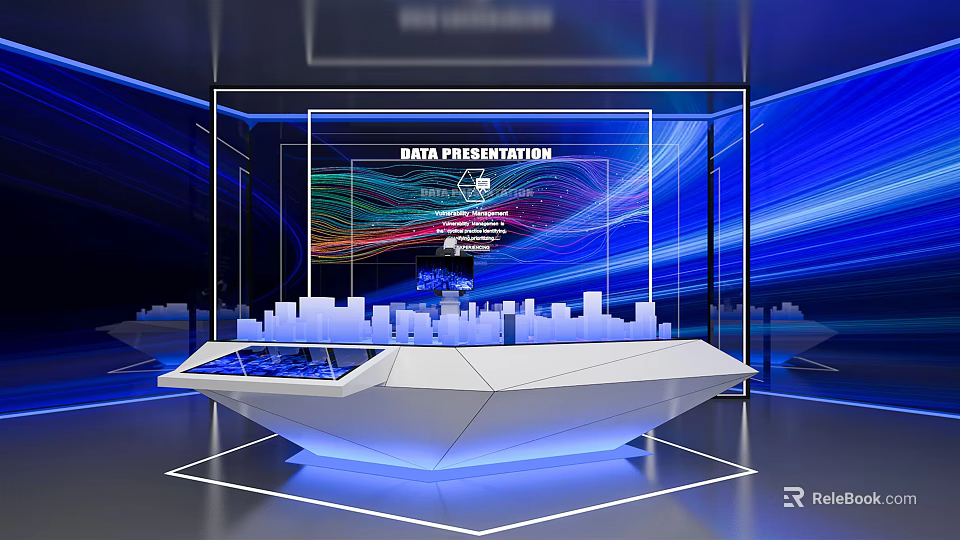 Commercial Data Presentation Equipment with Transparent Display Cabinet and City Model in Modern Blue Lighting 3d model 