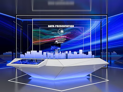 Commercial Data Presentation Equipment with Transparent Display Cabinet and City Model in Modern Blue Lighting 3d model
