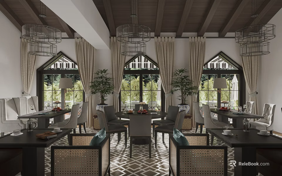 Elegant Restaurant Interior With Wooden Tables Chandeliers Arched Windows Green Plants And Checkerboard Floor 3d model 