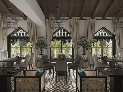 Elegant Restaurant Interior With Wooden Tables Chandeliers Arched Windows Green Plants And Checkerboard Floor 3d model