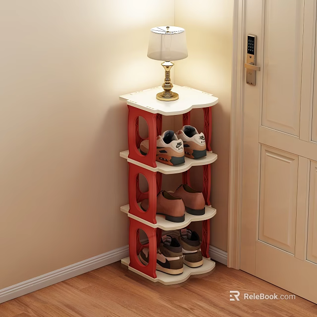 Red Corner Multi Tiered Shoe Rack Organizing Shoes In Entryway With Lamp 3d model 
