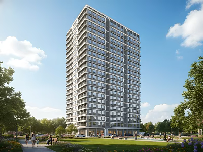 Modern High Rise Residential Building With Green Lawn Trees And Outdoor Recreational Area 3d model