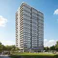 Modern High Rise Residential Building With Green Lawn Trees And Outdoor Recreational Area