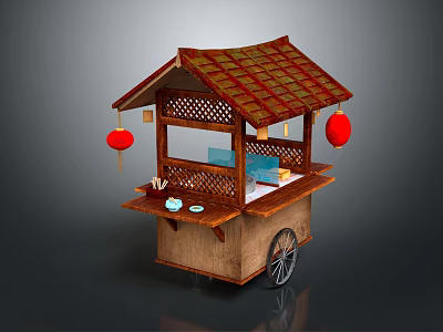 Traditional Chinese Food Cart With Red Lanterns Wooden Structure Tile Roof And Wheels 3d model