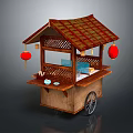 Traditional Chinese Food Cart With Red Lanterns Wooden Structure Tile Roof And Wheels