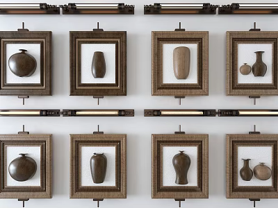 Framed Wall Decor With Various Pottery Pieces Arranged On White Wall 3d model