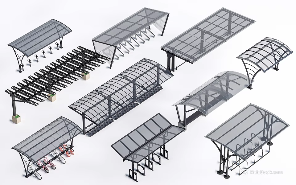 Various Outdoor Canopy Designs With Metal Frames For Bicycle And Vehicle Parking 3d model 