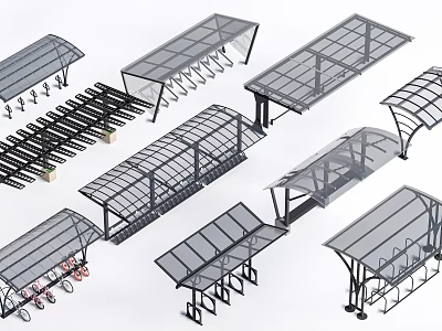 Various Outdoor Canopy Designs With Metal Frames For Bicycle And Vehicle Parking 3d model