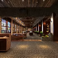 Traditional Restaurant Interior with Wooden Grid Ceiling Round Bar Counters Hanging Lamps and Green Plants