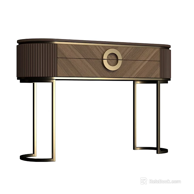 Modern Luxury Curved Walnut Dressing Table With Elegant Gold Metal Accents For Stylish Bedroom Decor 3d model 