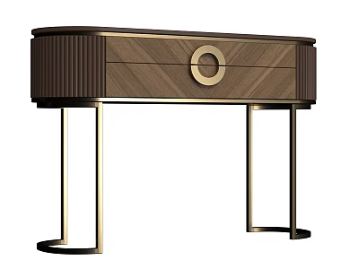 Modern Luxury Curved Walnut Dressing Table With Elegant Gold Metal Accents For Stylish Bedroom Decor 3d model