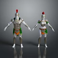 Man in white green orange armor with red feather helmet on gray background design