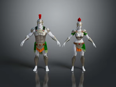 Man in white green orange armor with red feather helmet on gray background design 3d model