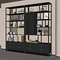 Black Frame Storage Shelf with Multiple Shelves Lower Drawers Displaying Books Decor Vases Tea Sets